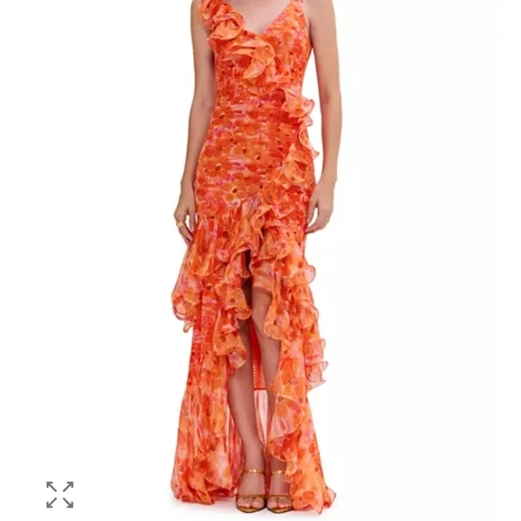 NWT Patbo Ruffled Floral High Low Maxi Dress Myosotis Flutter Gown Sz 12 Or L XL - Picture 5 of 16